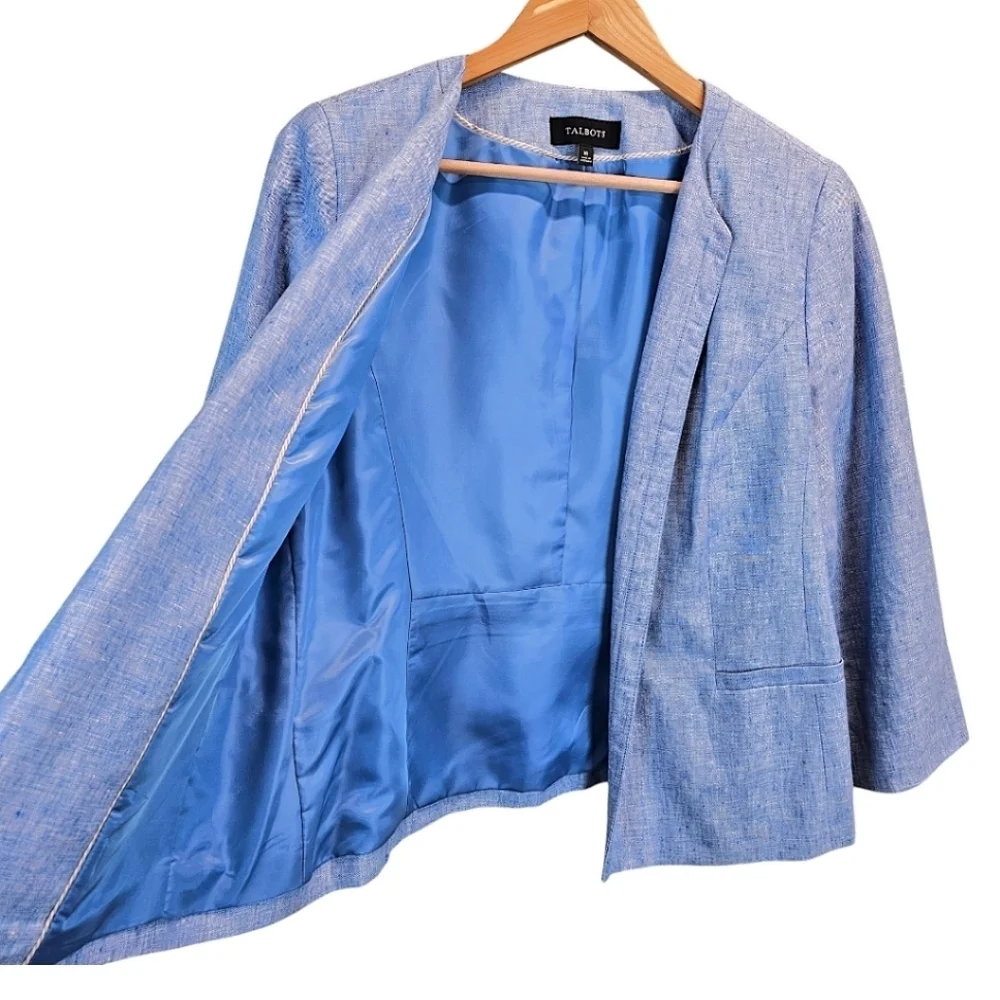 Talbots 100% Linen Open Front Blazer Jacket Light Blue Sz 10 Cape Cod Hamptons